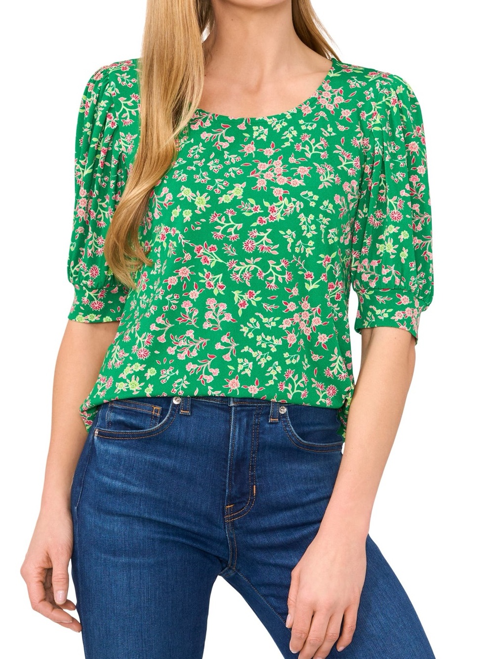 CeCe Green Floral Print Puff-Sleeve Blouse Top Size Medium Womens NWT